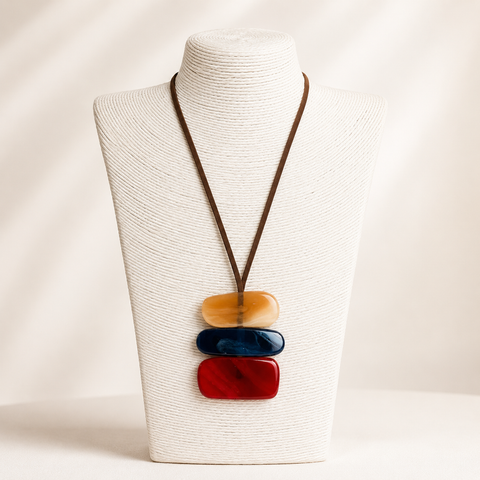Acrylic Blue Red Pendant Brown Cord Necklace