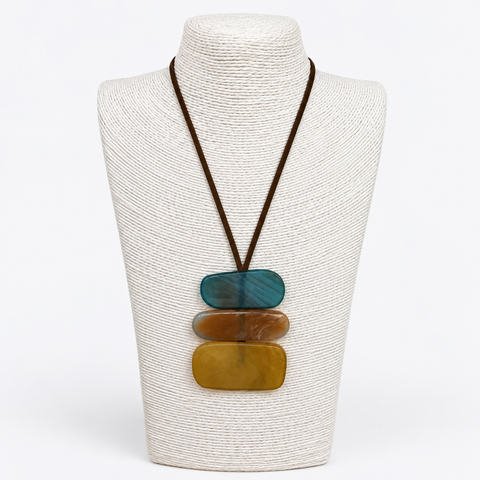 Acrylic Natural and blue Pendant Brown Cord Necklace