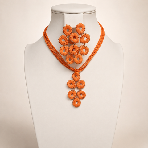 Boho chie Rattan Set de aretes y collar  Color Naranjado