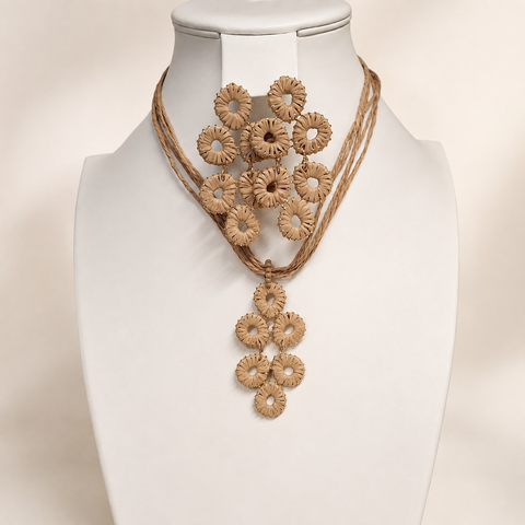 Boho chie Rattan Set de aretes y collar  Color Marrón