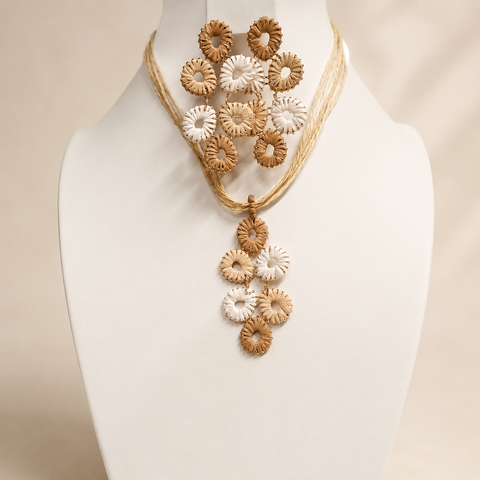 Boho chie Rattan Set de aretes y collar  Color crema